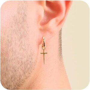 Mens Earrings Cross Earrings for Men, 14K Gold Hoop Earrings Men Drop Dangle